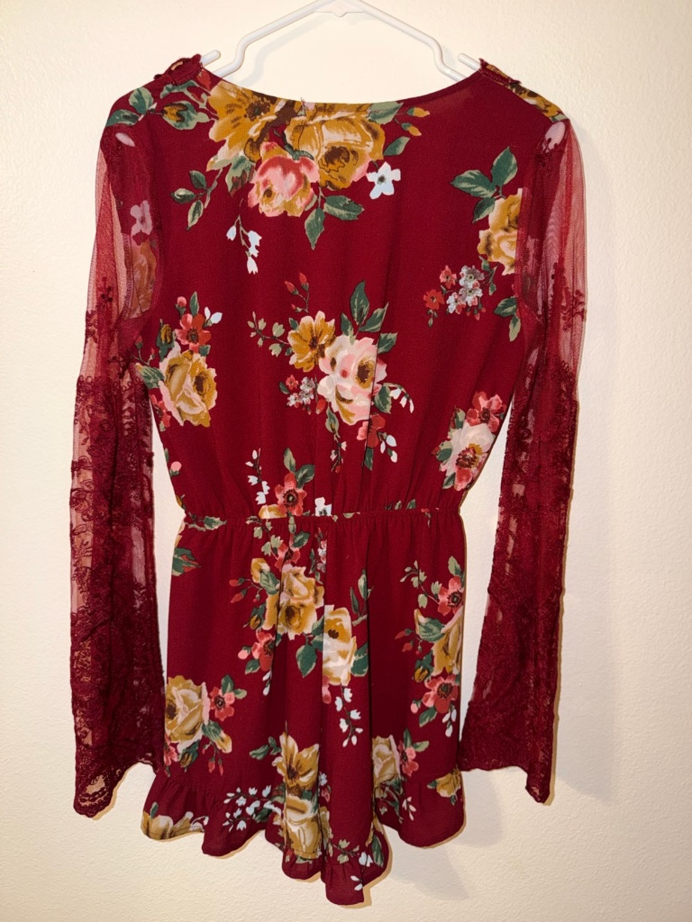 Floral Lace-Sleeve Burgundy Romper
